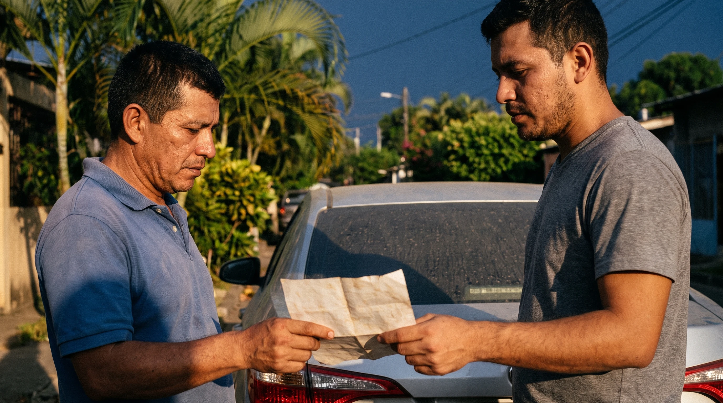 Comprador y vendedor particular revisando los papeles de un Toyota Corolla usado antes de financiarlo en El Salvador