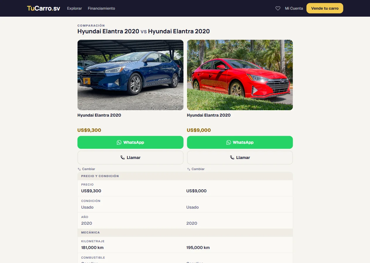 Comparador de TuCarro.sv: dos Hyundai Elantra 2020 frente a frente con precio y kilometraje