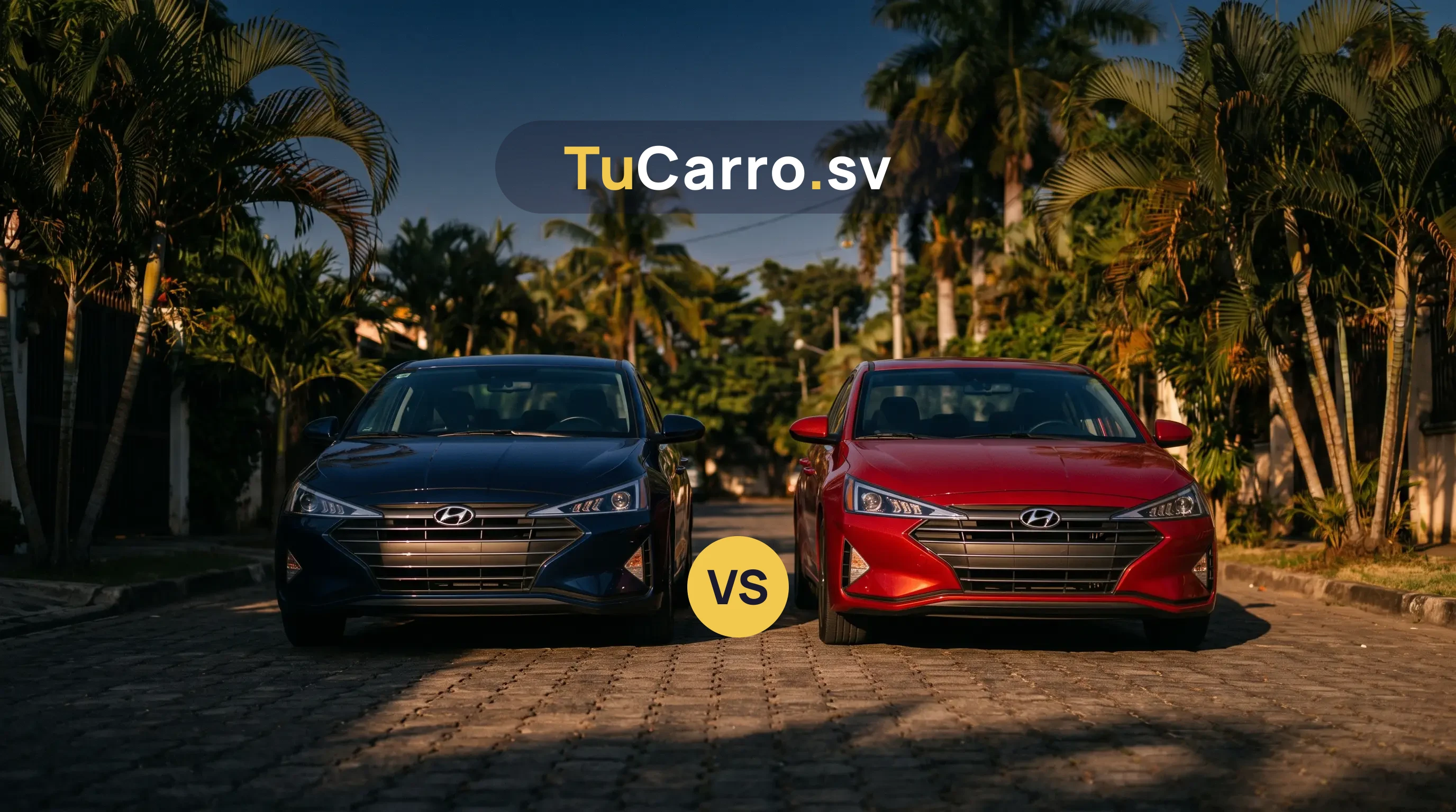 Dos Hyundai Elantra 2020, uno azul y uno rojo, estacionados lado a lado en una calle de El Salvador