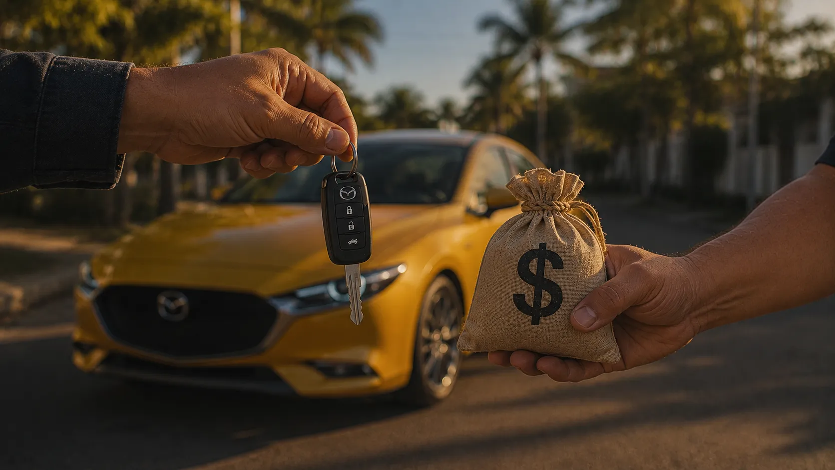 Intercambio de llaves y bolsa de dinero frente a un Mazda 3 amarillo, símbolo de préstamo vehicular en El Salvador